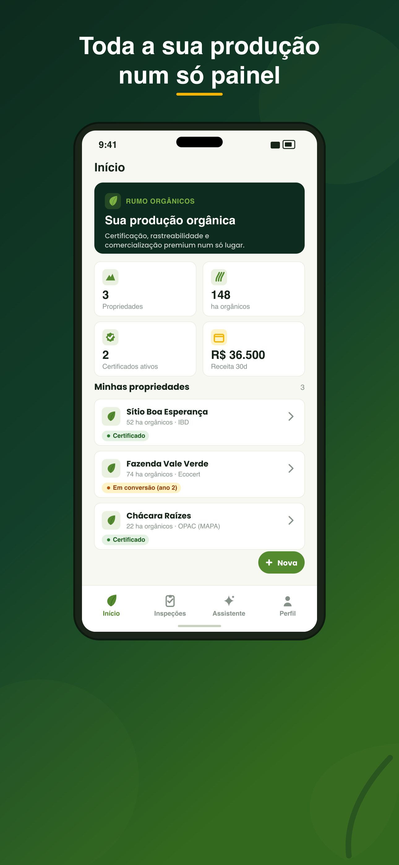 Rumo Orgânicos — Painel de propriedades